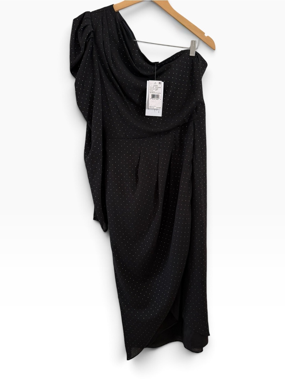 New AIDAN MATTOX Black Chiffon MIDI Dress One Shoulder Gold Dots Belt Size 12